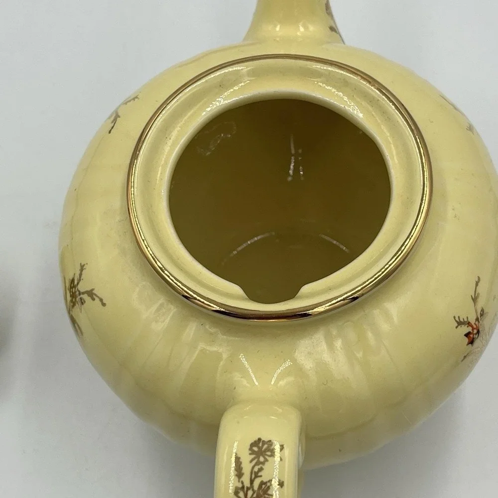 Vintage Pearl China Teapot Yellow with Lid 22K Trim And Flowers 5.5
